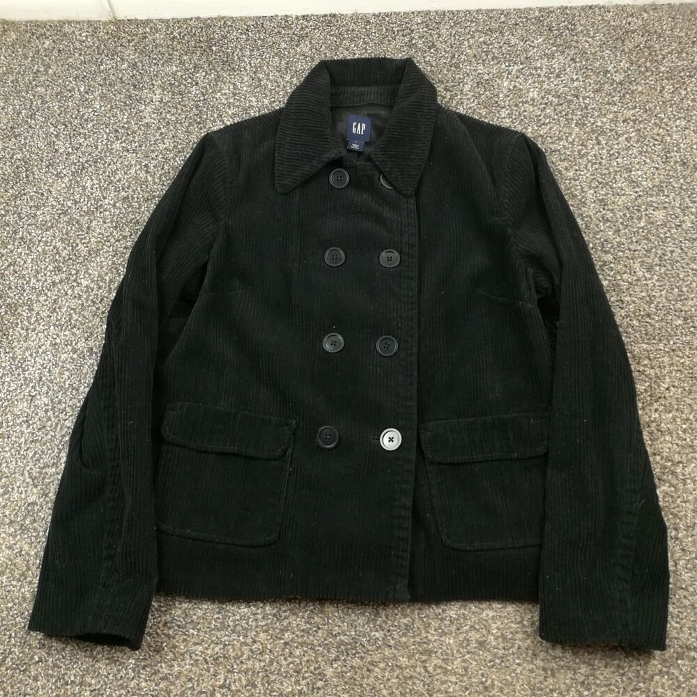 Vintage 2004 Gap Pea Coat Corduroy Double Breasted Jacket Black Womens Large Y2K